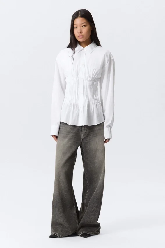 Gathered Waist Cotton Poplin Shirt – White Gathered Waist Cotton Poplin Shirt – White