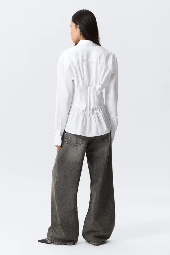 Gathered Waist Cotton Poplin Shirt – White Gathered Waist Cotton Poplin Shirt – White