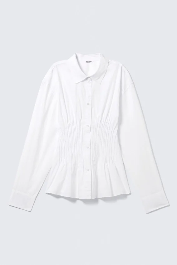 Gathered Waist Cotton Poplin Shirt – White Gathered Waist Cotton Poplin Shirt – White