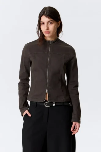 Genevieve Slim Structured Cotton Zip Jacket – Dark Grey
