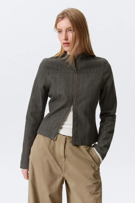 Genevieve Slim Structured Cotton Zip Jacket – Dark Grey Genevieve Slim Structured Cotton Zip Jacket – Dark Grey