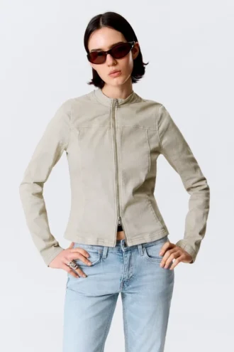 Genevieve Slim Structured Cotton Zip Jacket – Light Beige