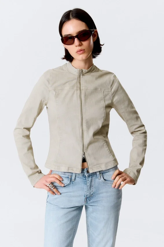 Genevieve Slim Structured Cotton Zip Jacket – Light Beige Genevieve Slim Structured Cotton Zip Jacket – Light Beige