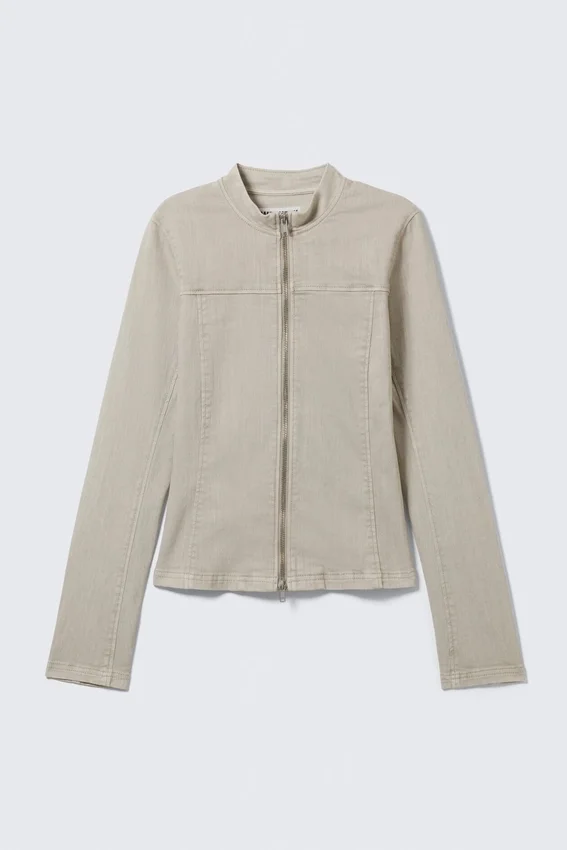 Genevieve Slim Structured Cotton Zip Jacket – Light Beige Genevieve Slim Structured Cotton Zip Jacket – Light Beige