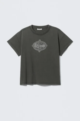 Graphic Cap-Sleeved Boxy Cotton T-Shirt – Dark Grey – Spacenet