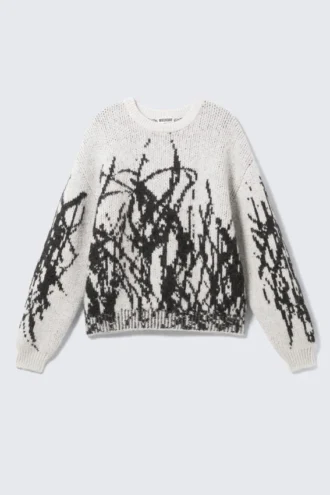 Graphic Knitted Wool-Blend Sweater – White – Black Graphic