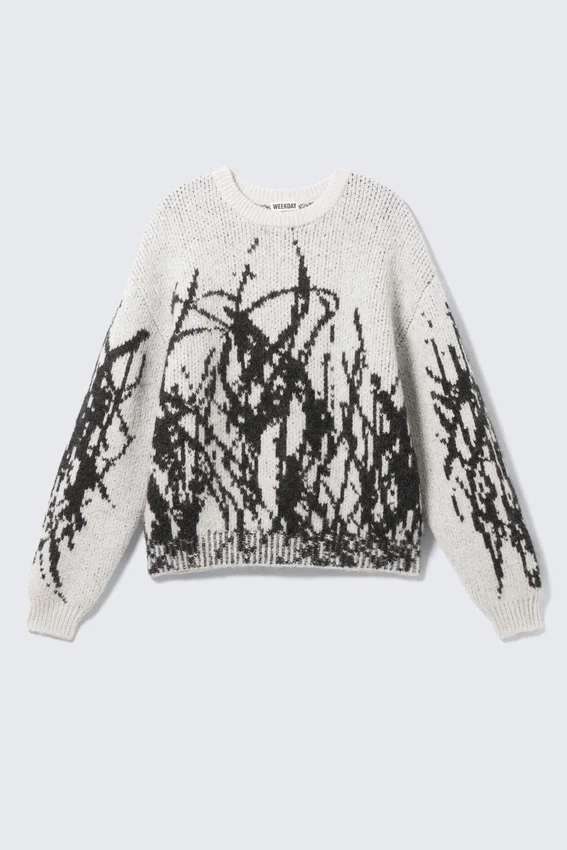 Graphic Knitted Wool-Blend Sweater – White – Black Graphic Graphic Knitted Wool-Blend Sweater – White – Black Graphic