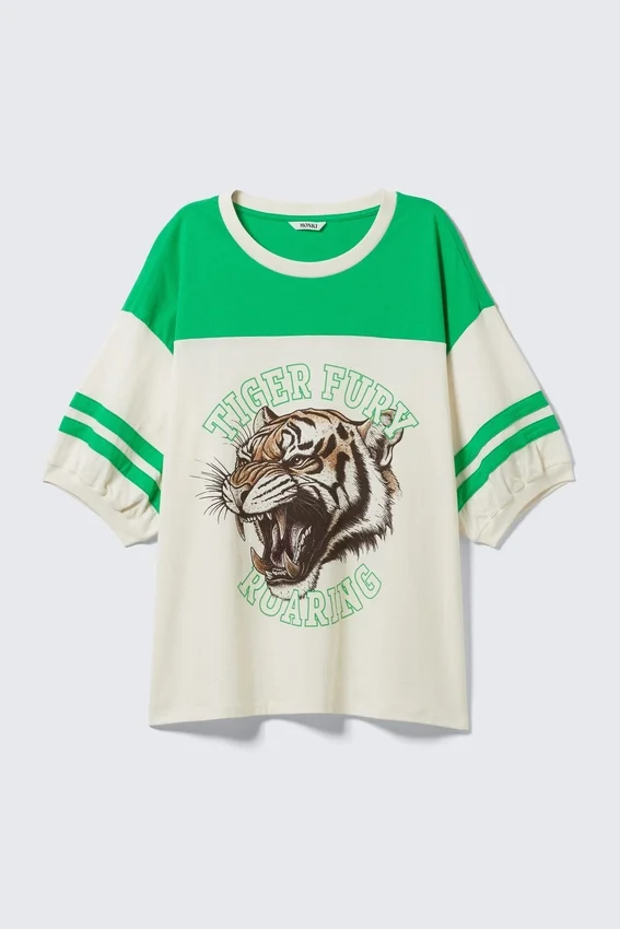 Graphic Short-Sleeved Varsity T-Shirt – White & Green – Tiger Fury Graphic Short-Sleeved Varsity T-Shirt – White & Green – Tiger Fury