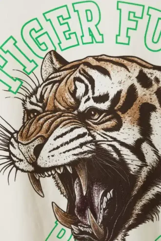 Graphic Short-Sleeved Varsity T-Shirt – White & Green – Tiger Fury
