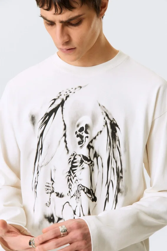Great Boxy Graphic Long Sleeve T-Shirt – White – Skeleton Angel Great Boxy Graphic Long Sleeve T-Shirt – White – Skeleton Angel