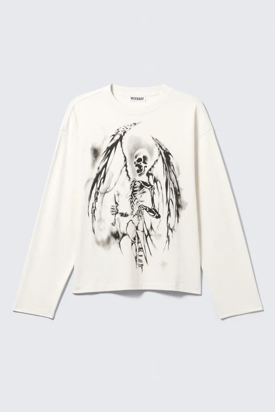 Great Boxy Graphic Long Sleeve T-Shirt – White – Skeleton Angel Great Boxy Graphic Long Sleeve T-Shirt – White – Skeleton Angel