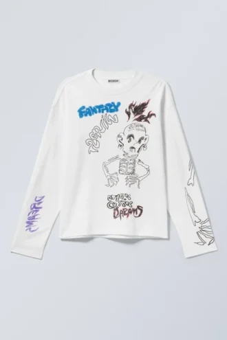 Great Boxy Graphic Long Sleeve T-Shirt – White – Skeleton Dreams