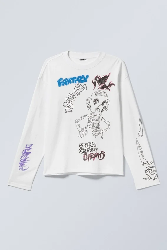 Great Boxy Graphic Long Sleeve T-Shirt – White – Skeleton Dreams Great Boxy Graphic Long Sleeve T-Shirt – White – Skeleton Dreams