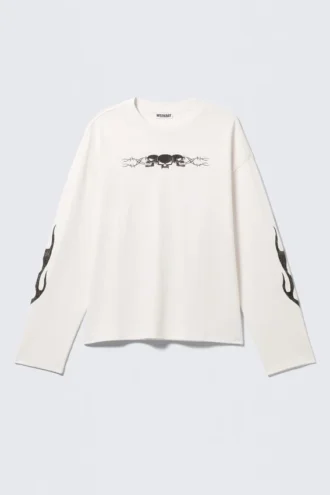 Great Boxy Graphic Long Sleeve T-Shirt – White – Skull Flame
