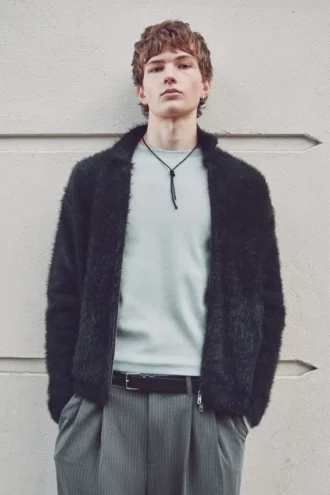 Hairy Knitted Zip Cardigan – Black