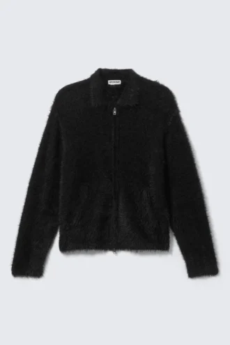 Hairy Knitted Zip Cardigan – Black