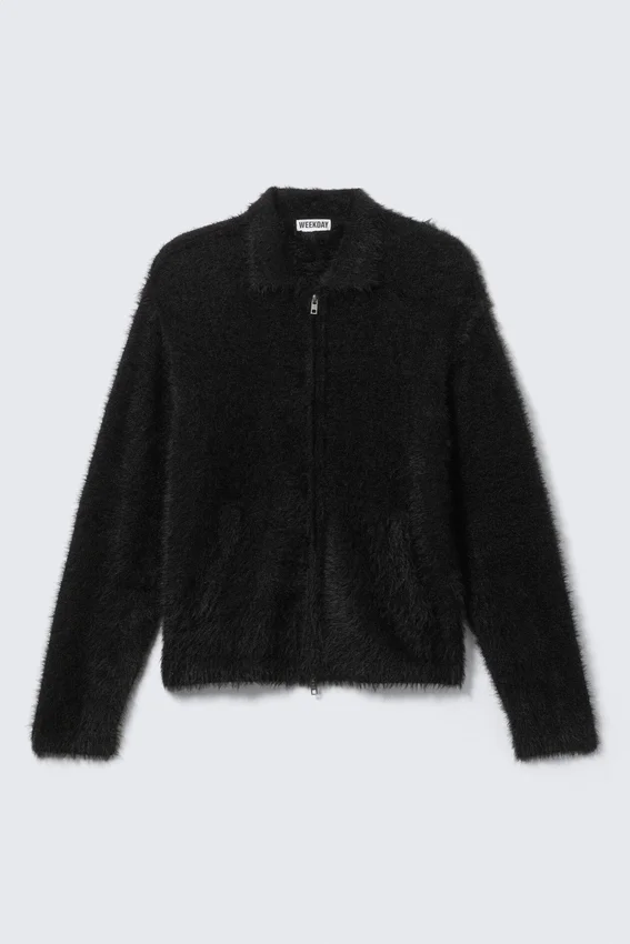 Hairy Knitted Zip Cardigan – Black Hairy Knitted Zip Cardigan – Black