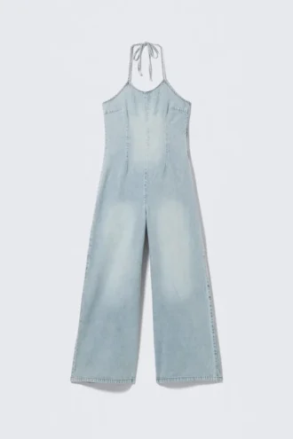 Halter Neck Denim Jumpsuit – Space Blue – Light Blue