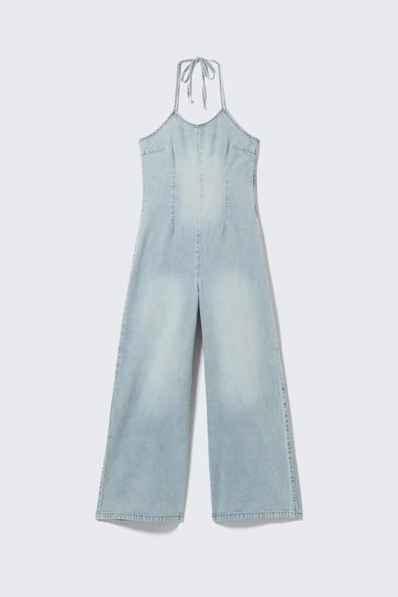 Halter Neck Denim Jumpsuit – Space Blue – Light Blue Halter Neck Denim Jumpsuit – Space Blue – Light Blue