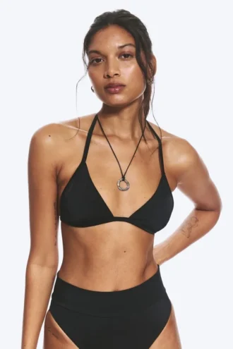 Halter Scoop Neck Triangle Bikini Top – Black