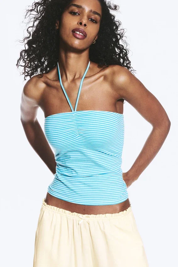 Halterneck Bandeau Top – White & Turquoise Stripes Halterneck Bandeau Top – White & Turquoise Stripes