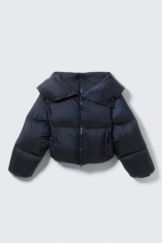 High Collar Cropped Down Jacket – Dark Navy Blue High Collar Cropped Down Jacket – Dark Navy Blue