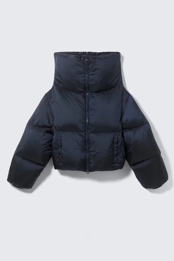High Collar Cropped Down Jacket – Dark Navy Blue High Collar Cropped Down Jacket – Dark Navy Blue