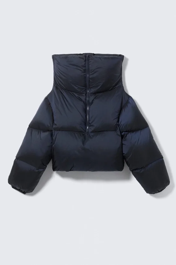 High Collar Cropped Down Jacket – Dark Navy Blue High Collar Cropped Down Jacket – Dark Navy Blue
