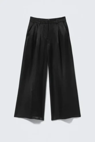 High Waisted Wide Leg Satin Trousers – Black