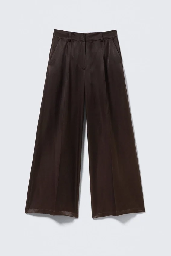 High Waisted Wide Leg Satin Trousers – Dark Brown High Waisted Wide Leg Satin Trousers – Dark Brown