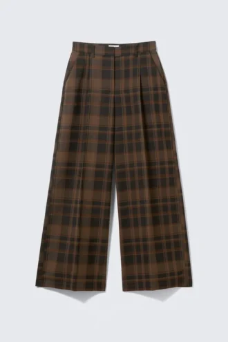 High Waisted Wide Leg Suiting Trousers – Checked Brown