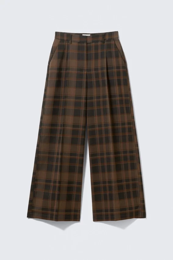 High Waisted Wide Leg Suiting Trousers – Checked Brown High Waisted Wide Leg Suiting Trousers – Checked Brown