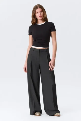 High Waisted Wide Leg Suiting Trousers – Dark Grey Melange