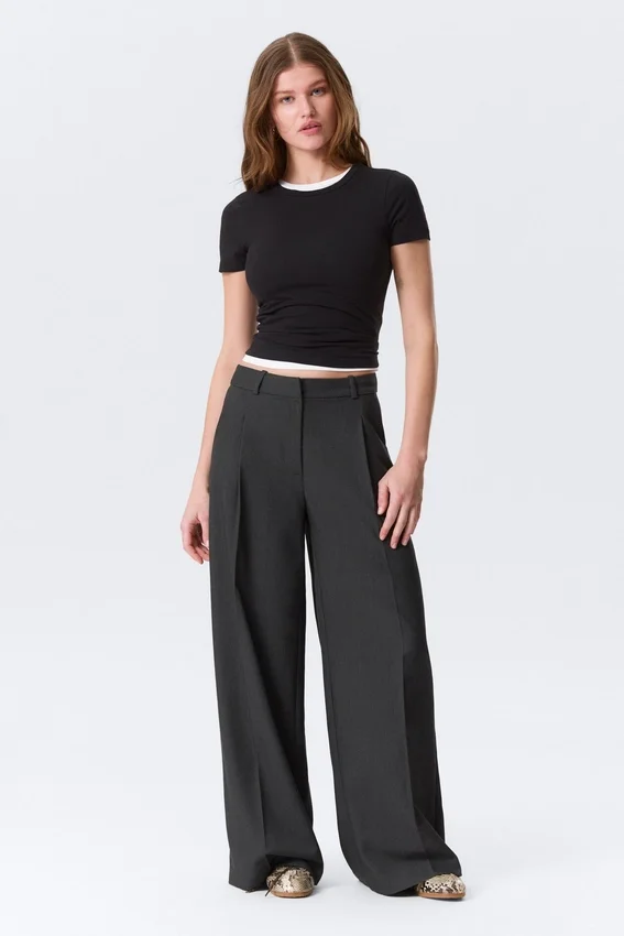 High Waisted Wide Leg Suiting Trousers – Dark Grey Melange High Waisted Wide Leg Suiting Trousers – Dark Grey Melange