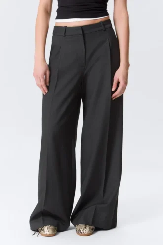 High Waisted Wide Leg Suiting Trousers – Dark Grey Melange