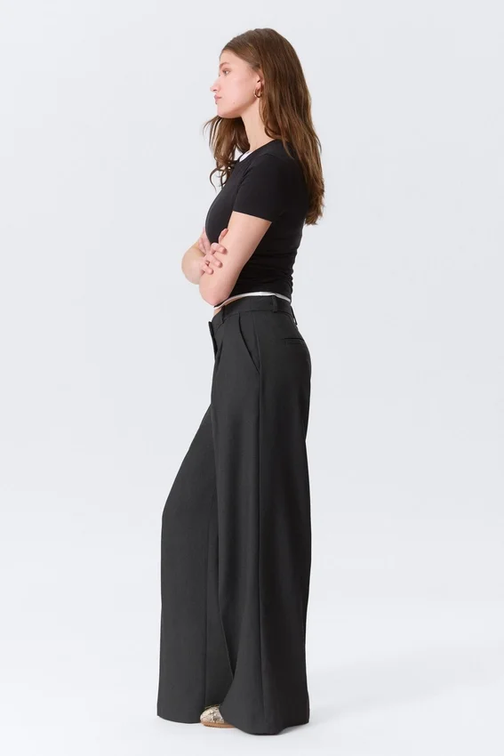 High Waisted Wide Leg Suiting Trousers – Dark Grey Melange High Waisted Wide Leg Suiting Trousers – Dark Grey Melange