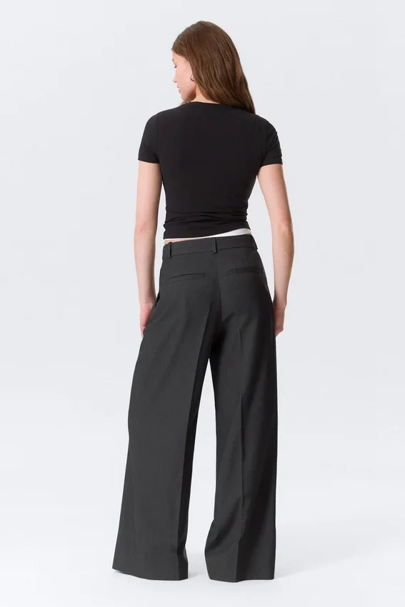 High Waisted Wide Leg Suiting Trousers – Dark Grey Melange High Waisted Wide Leg Suiting Trousers – Dark Grey Melange