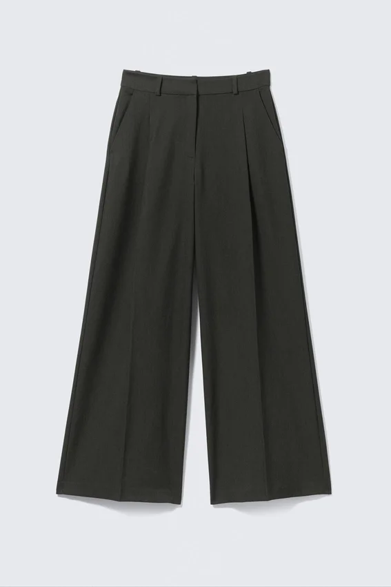 High Waisted Wide Leg Suiting Trousers – Dark Grey Melange High Waisted Wide Leg Suiting Trousers – Dark Grey Melange