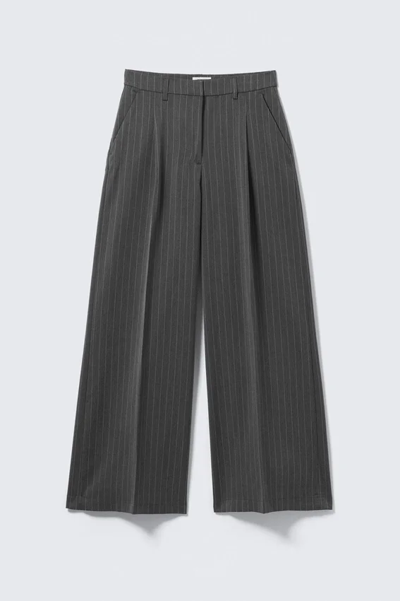 High Waisted Wide Leg Suiting Trousers – Pinstriped Dark Grey High Waisted Wide Leg Suiting Trousers – Pinstriped Dark Grey