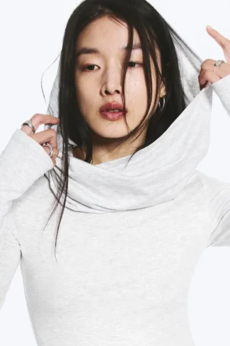 Hooded Long-Sleeved Mini Dress – Grey Melange