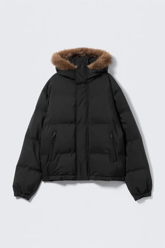 Hooded Puffer Jacket with Faux Fur Trim – Black Hooded Puffer Jacket with Faux Fur Trim – Black