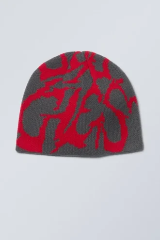 Jacquard-Knit Beanie – Dark Grey/Bright Red Jacquard