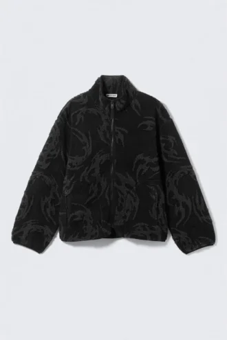 Jacquard Pattern Pile Zip Jacket – Black – Tribal