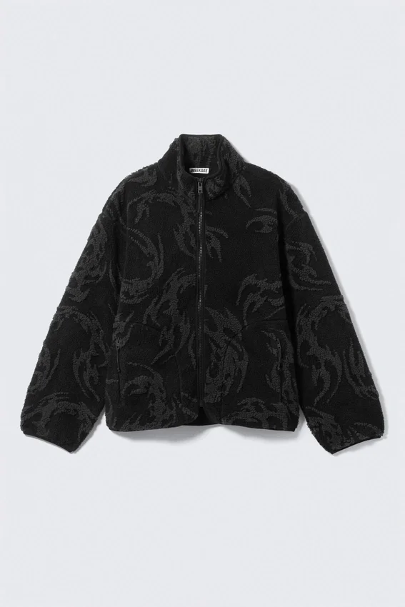 Jacquard Pattern Pile Zip Jacket – Black – Tribal Jacquard Pattern Pile Zip Jacket – Black – Tribal