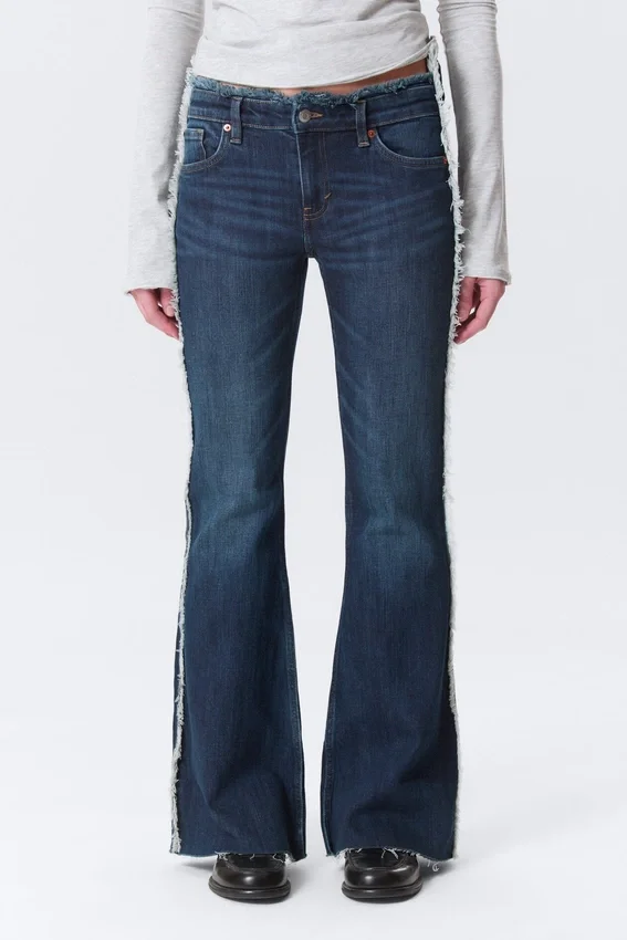 Katsumi Low Rise Frayed Flared Jeans – Summit Blue – Dark Blue Katsumi Low Rise Frayed Flared Jeans – Summit Blue – Dark Blue