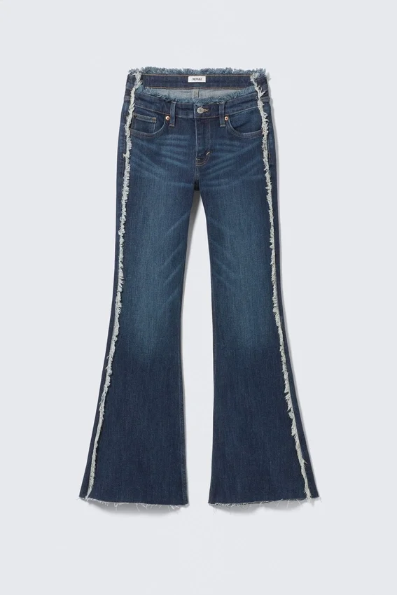 Katsumi Low Rise Frayed Flared Jeans – Summit Blue – Dark Blue Katsumi Low Rise Frayed Flared Jeans – Summit Blue – Dark Blue