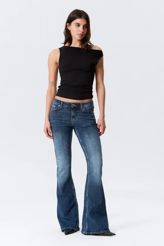 Katsumi Low Rise Slim Flared Leg Jeans – Peak Blue – Medium Blue Katsumi Low Rise Slim Flared Leg Jeans – Peak Blue – Medium Blue