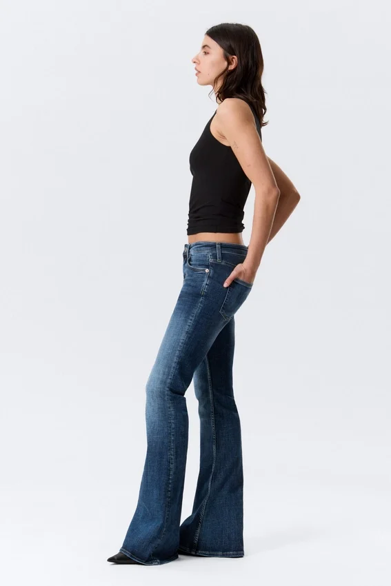 Katsumi Low Rise Slim Flared Leg Jeans – Peak Blue – Medium Blue Katsumi Low Rise Slim Flared Leg Jeans – Peak Blue – Medium Blue