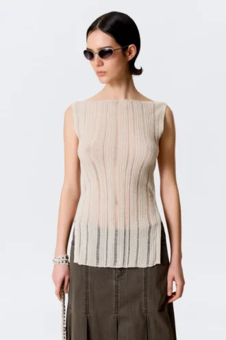 Knitted Boat-Neck Tank Top – Light Beige