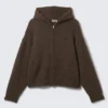 Knitted Boxy Wool-Blend Zip Hoodie – Dark Brown Melange